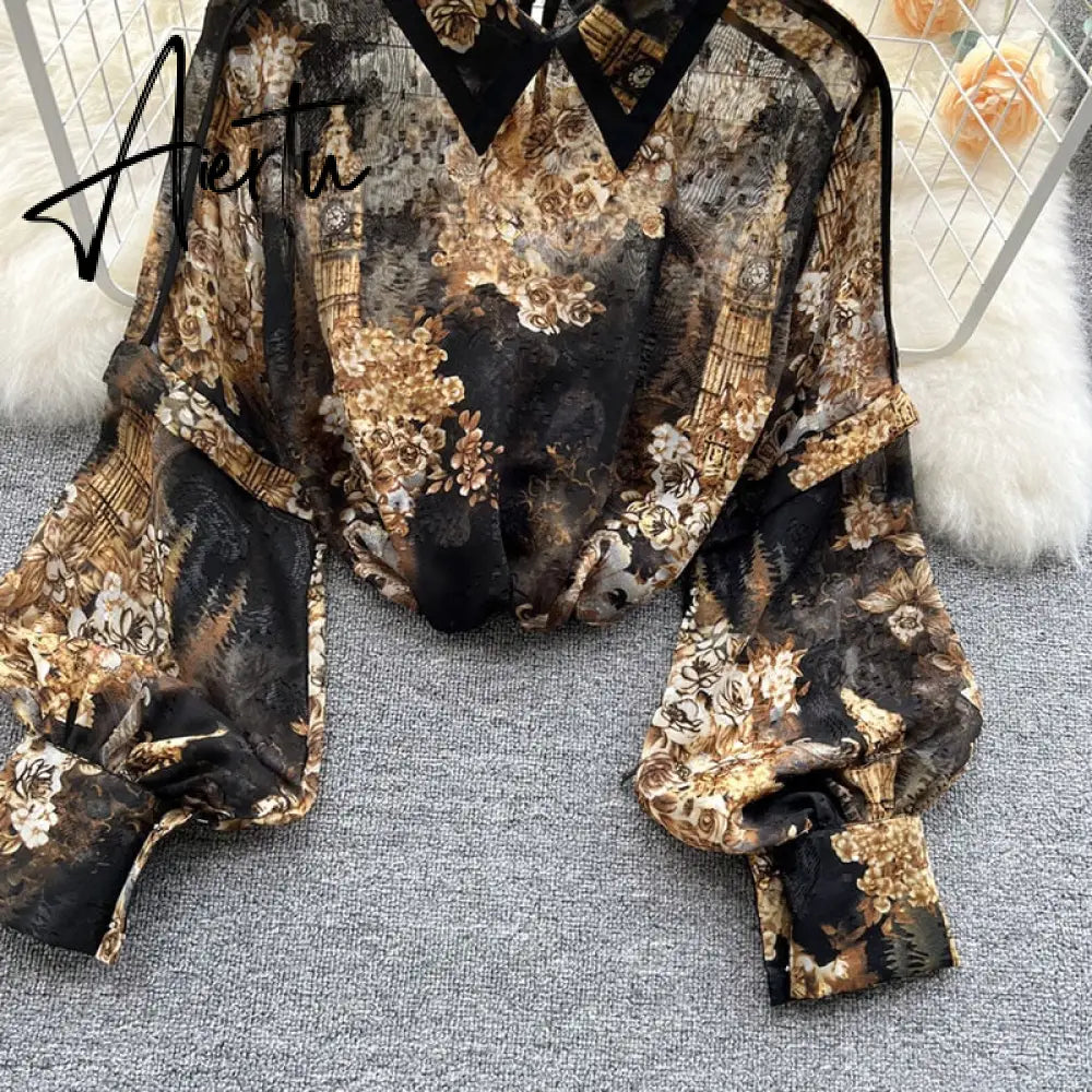 Autumn Puff Sleeve Shirts Blouse Women Floral Long Sleeve Lapel Buttons Vintage Shirts Elegant Blouses Tops Female GD631 Aiertu