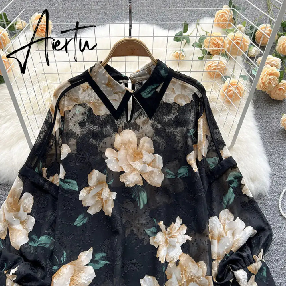 Autumn Puff Sleeve Shirts Blouse Women Floral Long Sleeve Lapel Buttons Vintage Shirts Elegant Blouses Tops Female GD631 Aiertu