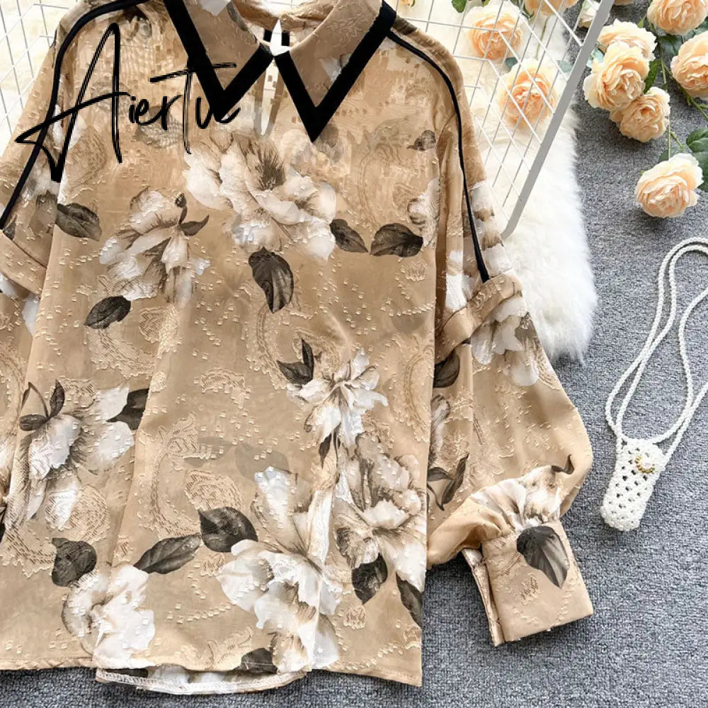 Autumn Puff Sleeve Shirts Blouse Women Floral Long Sleeve Lapel Buttons Vintage Shirts Elegant Blouses Tops Female GD631 Aiertu