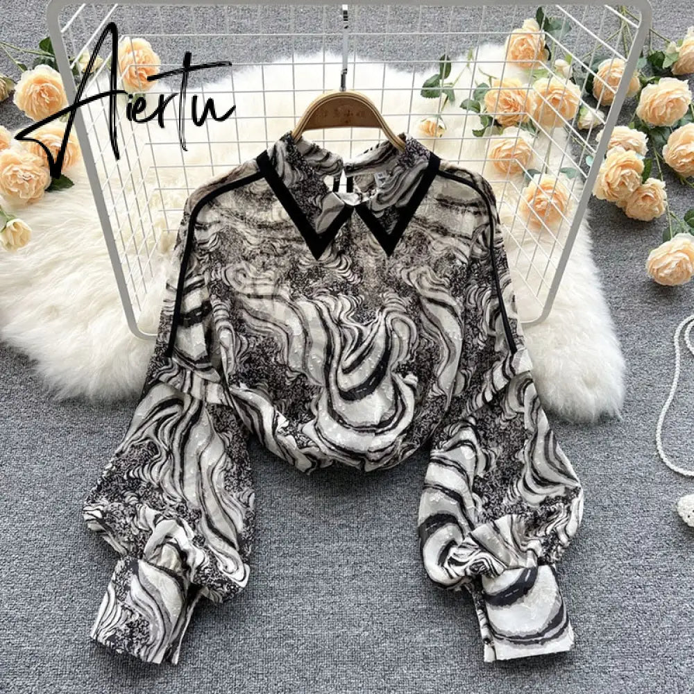 Autumn Puff Sleeve Shirts Blouse Women Floral Long Sleeve Lapel Buttons Vintage Shirts Elegant Blouses Tops Female GD631 Aiertu