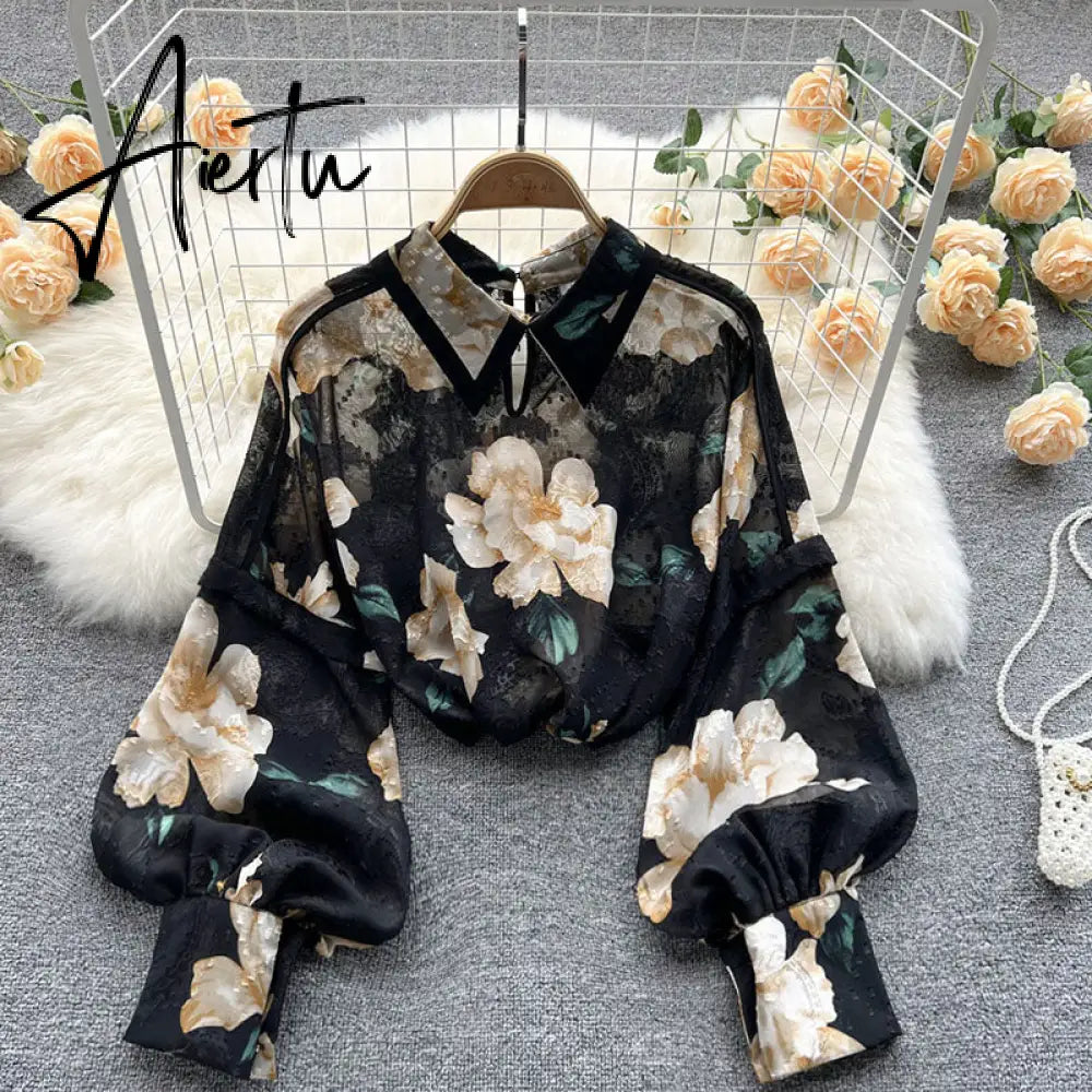 Autumn Puff Sleeve Shirts Blouse Women Floral Long Sleeve Lapel Buttons Vintage Shirts Elegant Blouses Tops Female GD631 Aiertu
