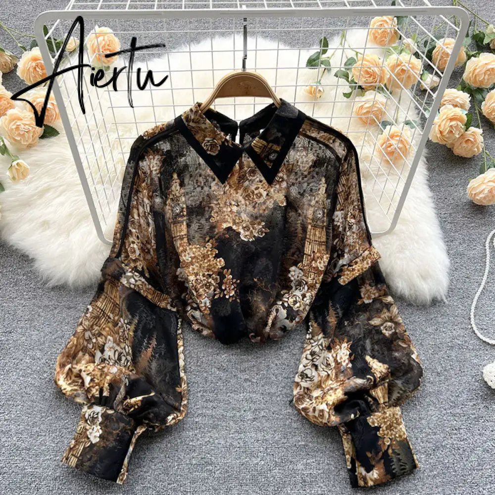 Autumn Puff Sleeve Shirts Blouse Women Floral Long Sleeve Lapel Buttons Vintage Shirts Elegant Blouses Tops Female GD631 Aiertu