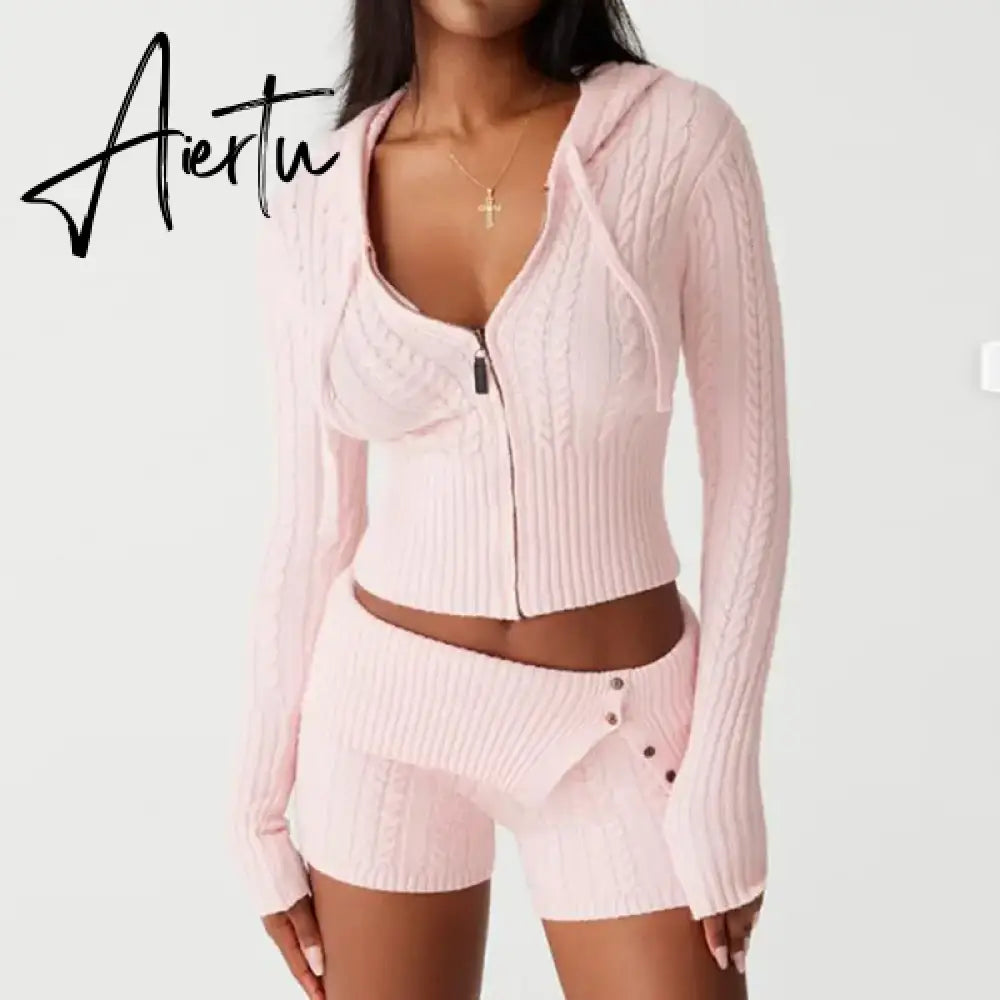 Autumn Vintage Kink Knitted 2 Piece Set Women Zipper Cropped Cardigans Jacket Coat + Slim Fit Shorts Female Hooded Outfits Aiertu