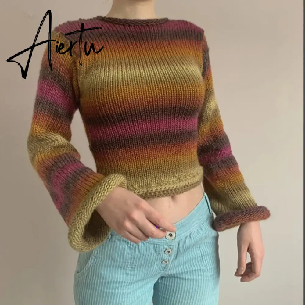 Autumn Winter 90s Vintage Knitted Sweaters Striped Crimping Cropped Pullovers Chic Women Kawaii Knitwear y2k Retro Streetwear Aiertu