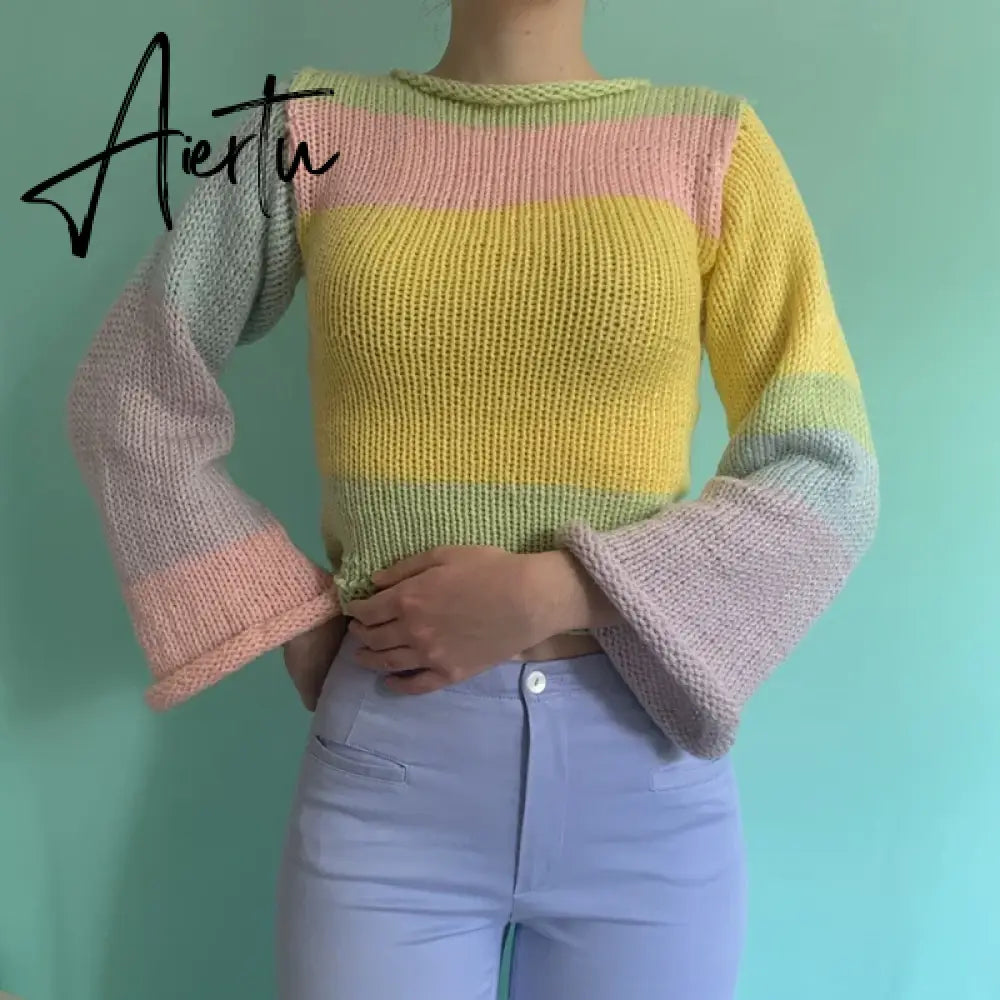 Autumn Winter 90s Vintage Knitted Sweaters Striped Crimping Cropped Pullovers Chic Women Kawaii Knitwear y2k Retro Streetwear Aiertu