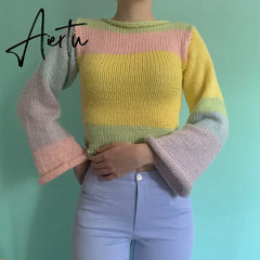 Autumn Winter 90s Vintage Knitted Sweaters Striped Crimping Cropped Pullovers Chic Women Kawaii Knitwear y2k Retro Streetwear Aiertu