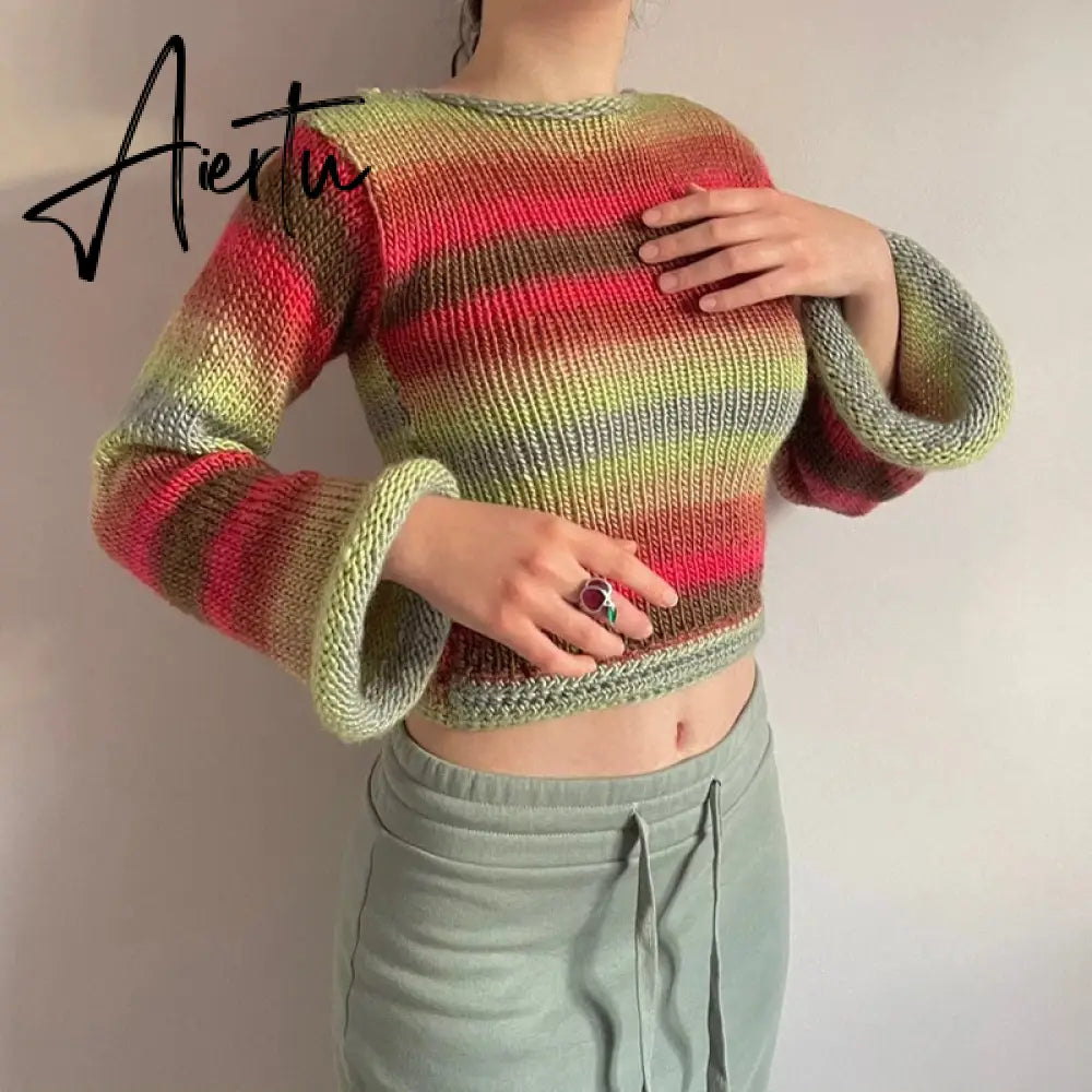 Autumn Winter 90s Vintage Knitted Sweaters Striped Crimping Cropped Pullovers Chic Women Kawaii Knitwear y2k Retro Streetwear Aiertu