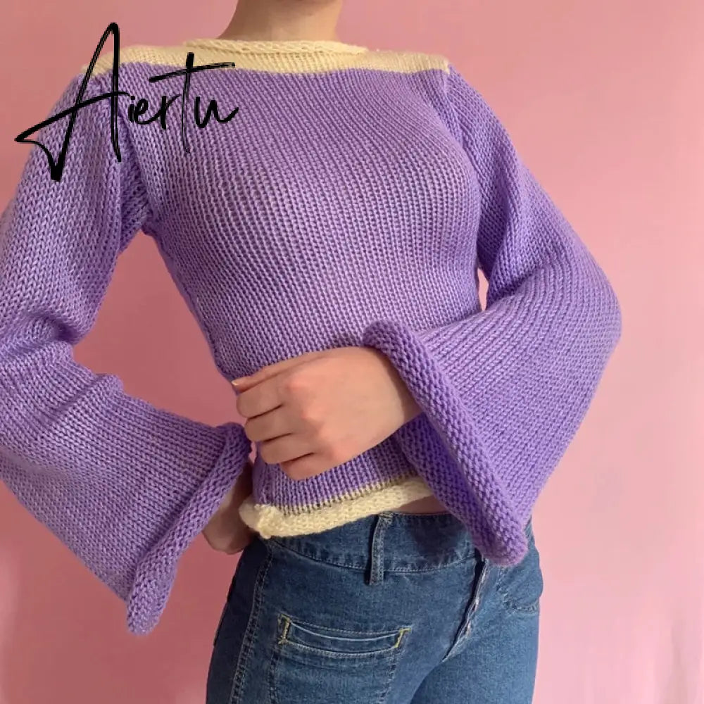 Autumn Winter 90s Vintage Knitted Sweaters Striped Crimping Cropped Pullovers Chic Women Kawaii Knitwear y2k Retro Streetwear Aiertu