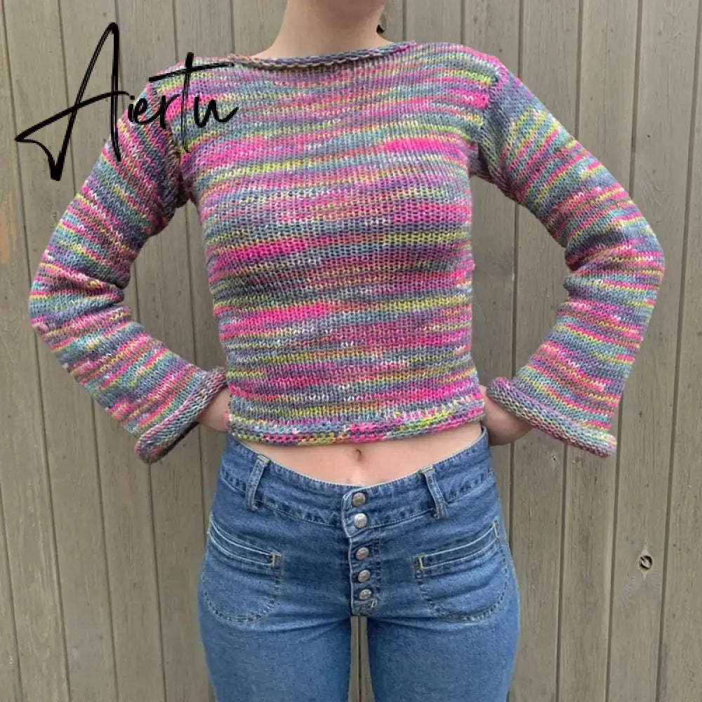 Autumn Winter 90s Vintage Knitted Sweaters Striped Crimping Cropped Pullovers Chic Women Kawaii Knitwear y2k Retro Streetwear Aiertu