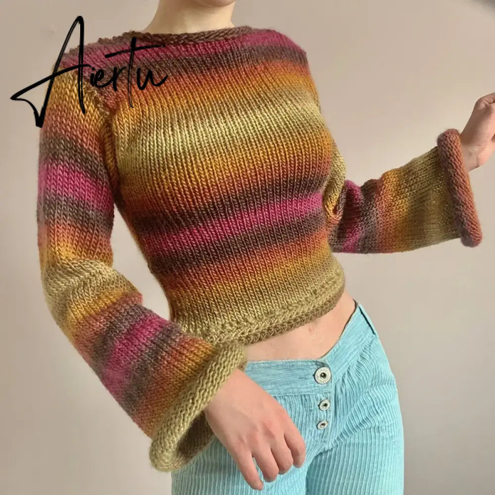 Autumn Winter 90s Vintage Knitted Sweaters Striped Crimping Cropped Pullovers Chic Women Kawaii Knitwear y2k Retro Streetwear Aiertu