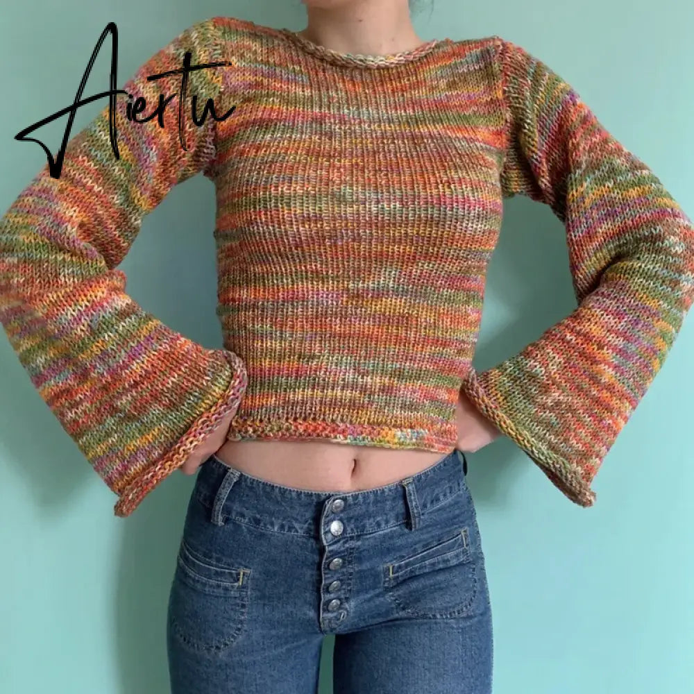 Autumn Winter 90s Vintage Knitted Sweaters Striped Crimping Cropped Pullovers Chic Women Kawaii Knitwear y2k Retro Streetwear Aiertu