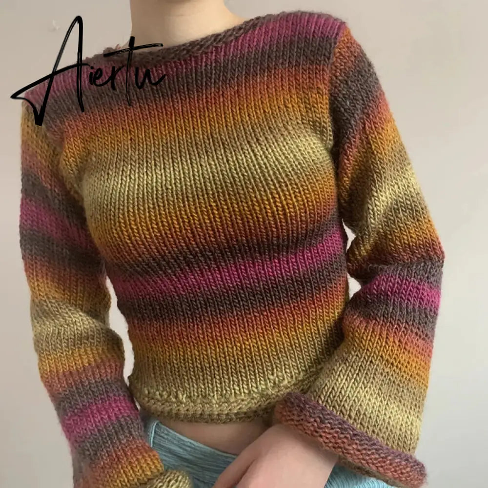 Autumn Winter 90s Vintage Knitted Sweaters Striped Crimping Cropped Pullovers Chic Women Kawaii Knitwear y2k Retro Streetwear Aiertu