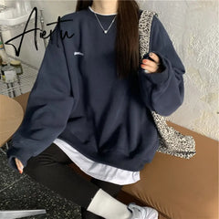 Autumn Winter Girl Korean Version Oversized Hoodies Street Style Letter Embroidery Sweatshirt Fleece Thick Pullover Tops Femmes Aiertu