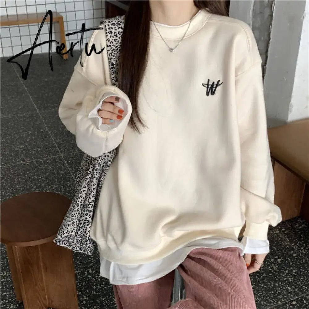 Autumn Winter Girl Korean Version Oversized Hoodies Street Style Letter Embroidery Sweatshirt Fleece Thick Pullover Tops Femmes Aiertu