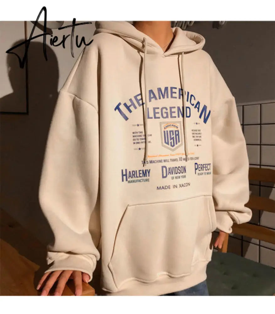 Autumn Winter Girl Korean Version Oversized Hoodies Street Style Letter Embroidery Sweatshirt Fleece Thick Pullover Tops Femmes Aiertu