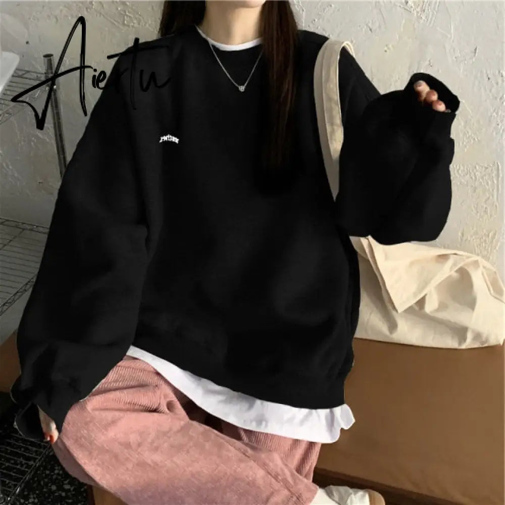 Autumn Winter Girl Korean Version Oversized Hoodies Street Style Letter Embroidery Sweatshirt Fleece Thick Pullover Tops Femmes Aiertu