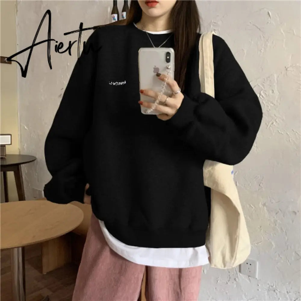 Autumn Winter Girl Korean Version Oversized Hoodies Street Style Letter Embroidery Sweatshirt Fleece Thick Pullover Tops Femmes Aiertu