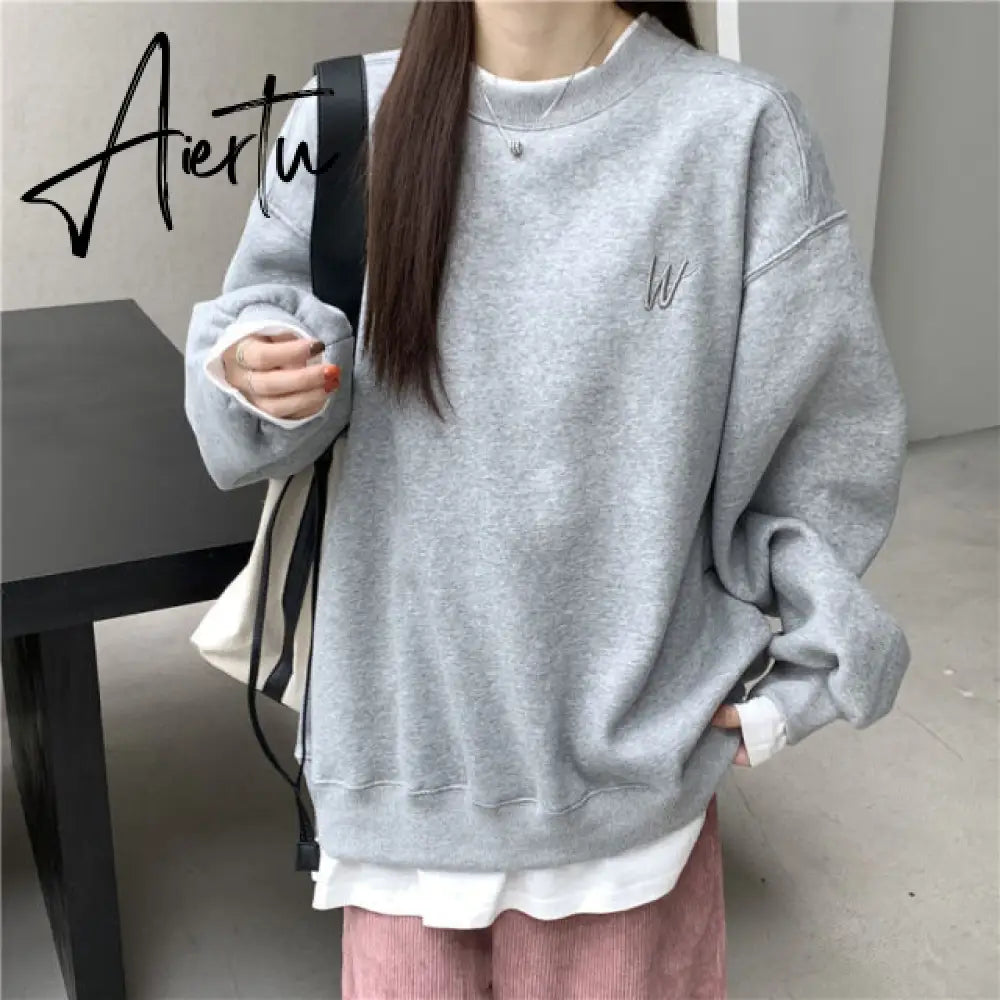 Autumn Winter Girl Korean Version Oversized Hoodies Street Style Letter Embroidery Sweatshirt Fleece Thick Pullover Tops Femmes Aiertu