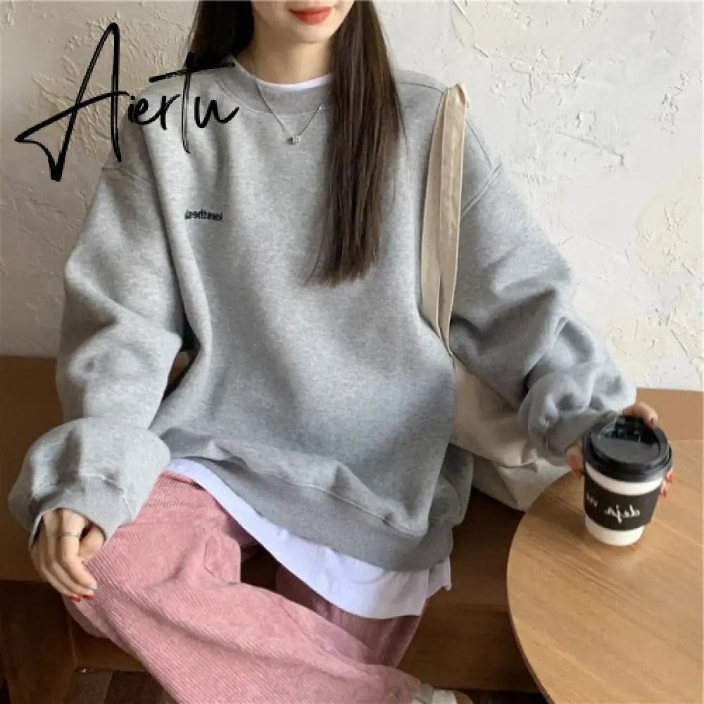 Autumn Winter Girl Korean Version Oversized Hoodies Street Style Letter Embroidery Sweatshirt Fleece Thick Pullover Tops Femmes Aiertu