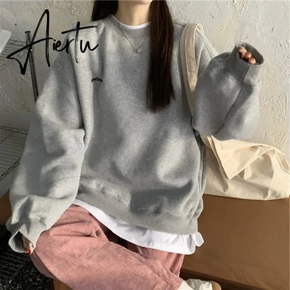 Autumn Winter Girl Korean Version Oversized Hoodies Street Style Letter Embroidery Sweatshirt Fleece Thick Pullover Tops Femmes Aiertu