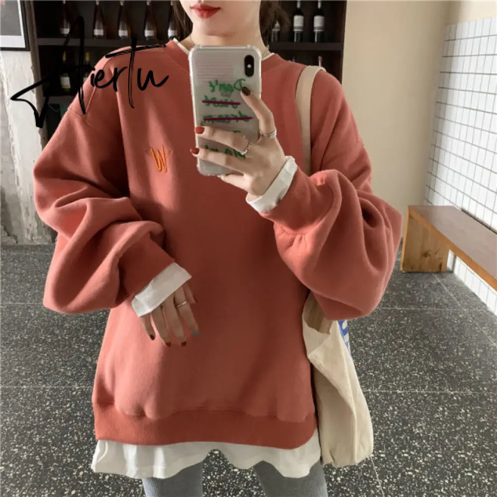 Autumn Winter Girl Korean Version Oversized Hoodies Street Style Letter Embroidery Sweatshirt Fleece Thick Pullover Tops Femmes Aiertu