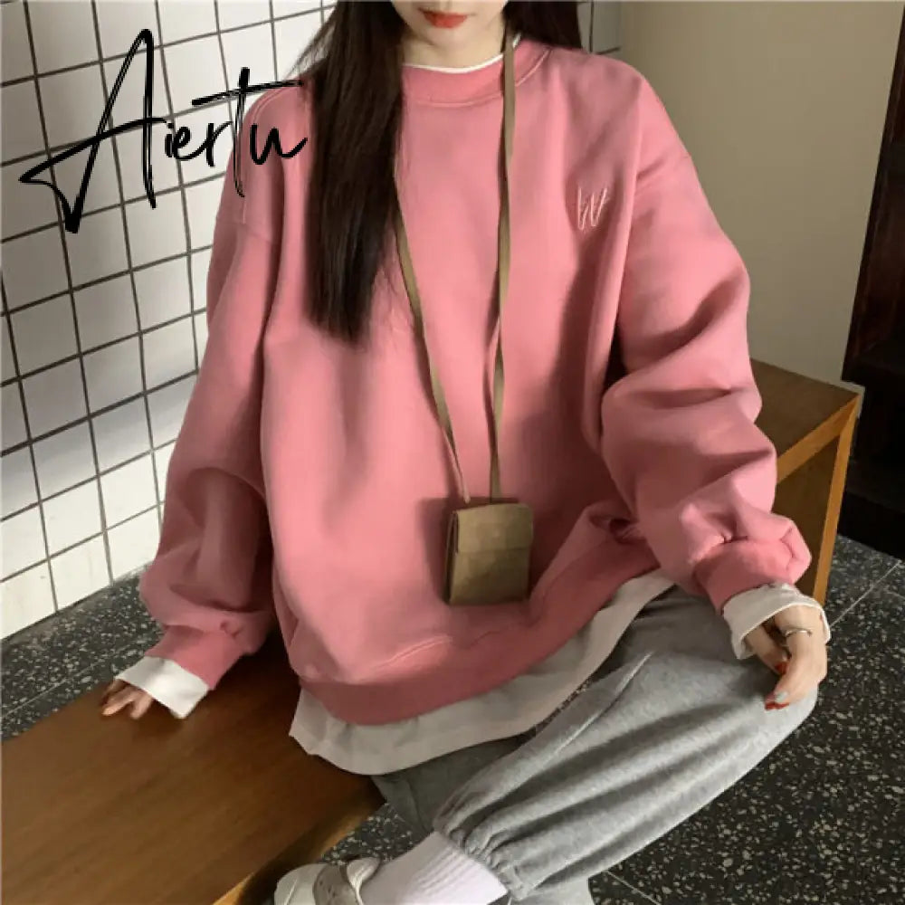 Autumn Winter Girl Korean Version Oversized Hoodies Street Style Letter Embroidery Sweatshirt Fleece Thick Pullover Tops Femmes Aiertu