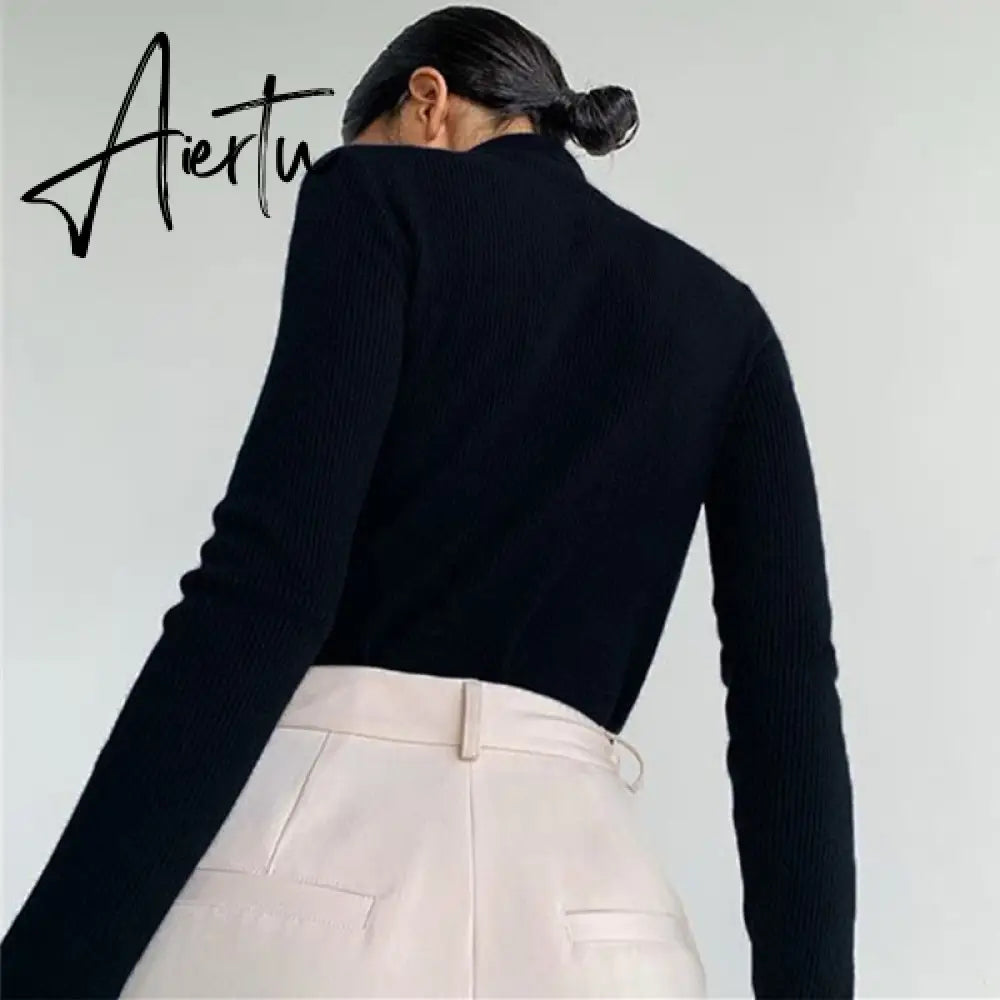 Autumn Winter High Collar T Shirt Women Casual Long Sleeve Ribber Knitting Tees Tops Sexy Hollow Black Slim Female T-shirt Aiertu