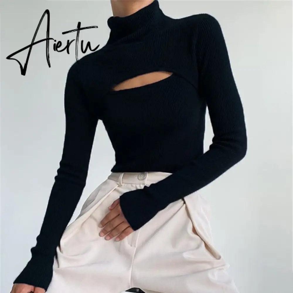 Autumn Winter High Collar T Shirt Women Casual Long Sleeve Ribber Knitting Tees Tops Sexy Hollow Black Slim Female T-shirt Aiertu