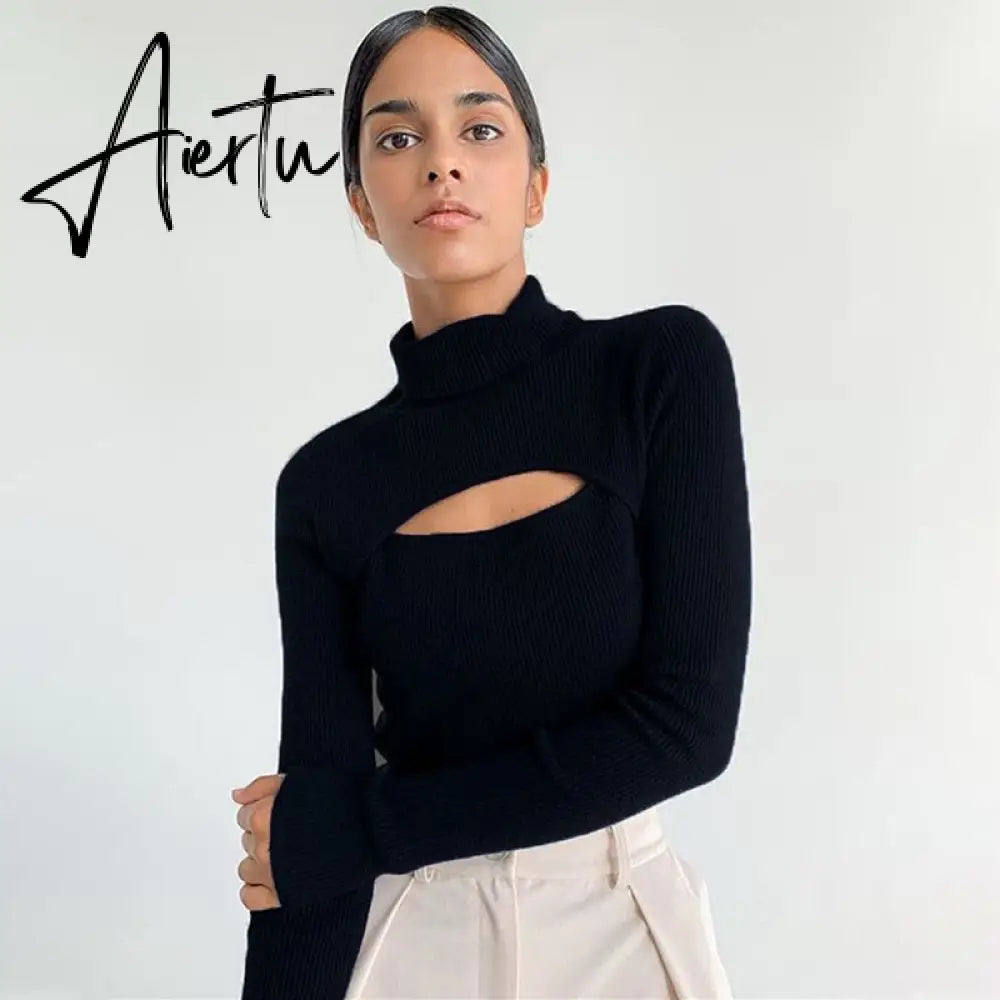 Autumn Winter High Collar T Shirt Women Casual Long Sleeve Ribber Knitting Tees Tops Sexy Hollow Black Slim Female T-shirt Aiertu
