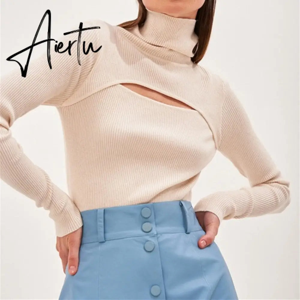 Autumn Winter High Collar T Shirt Women Casual Long Sleeve Ribber Knitting Tees Tops Sexy Hollow Black Slim Female T-shirt Aiertu
