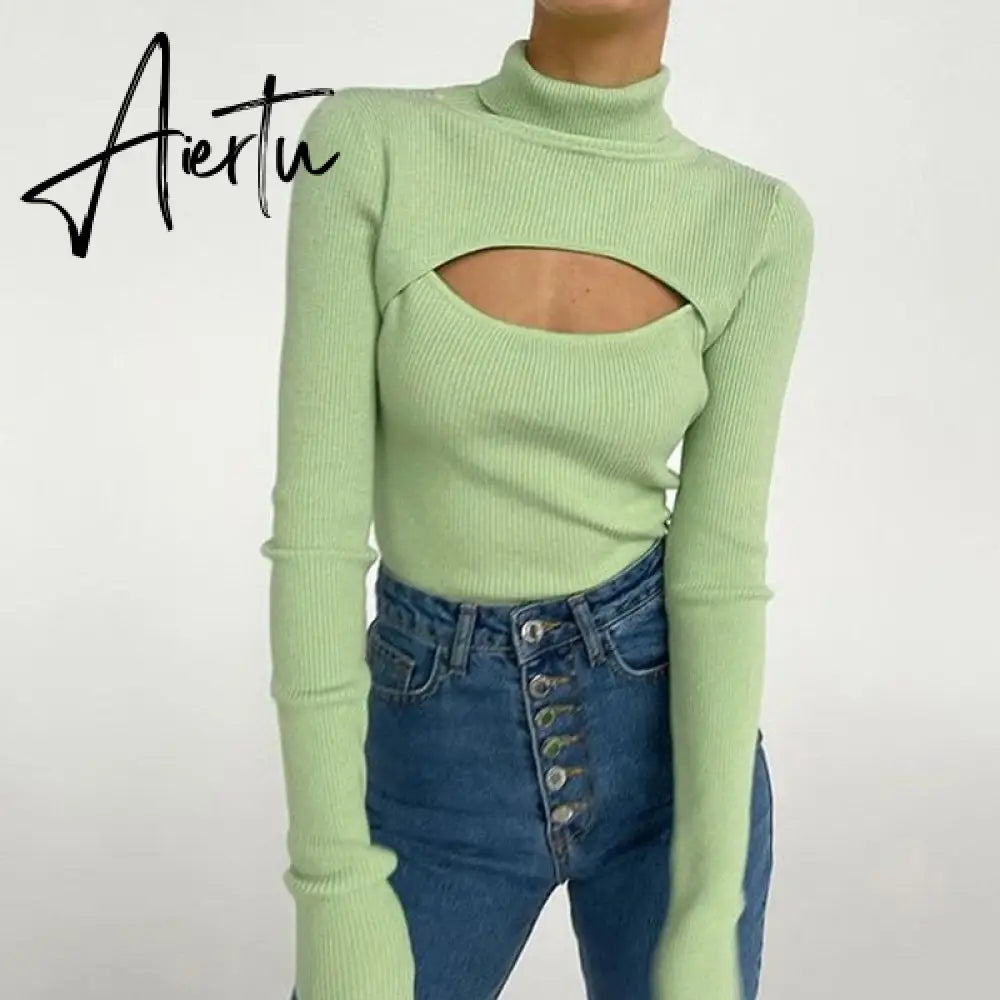 Autumn Winter High Collar T Shirt Women Casual Long Sleeve Ribber Knitting Tees Tops Sexy Hollow Black Slim Female T-shirt Aiertu