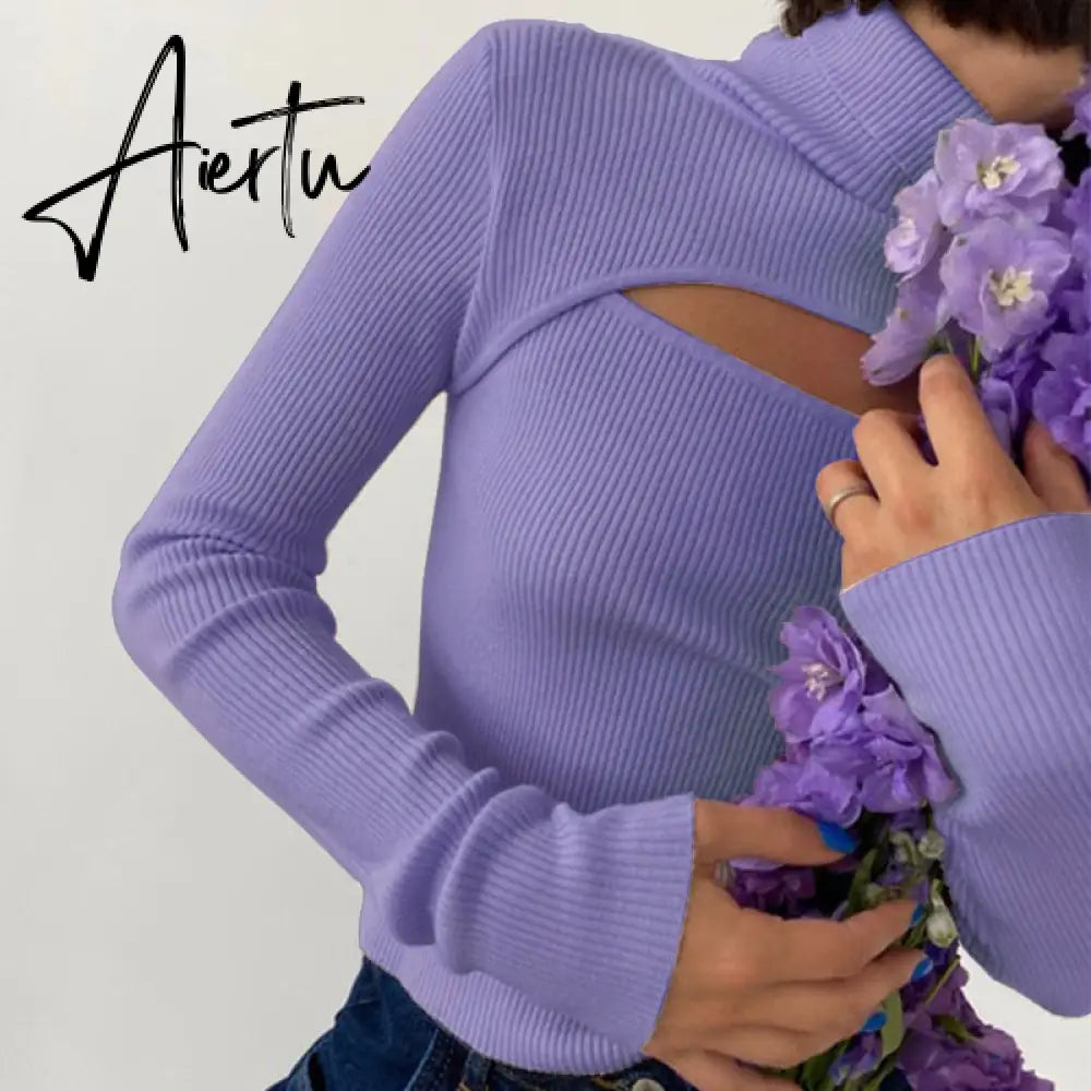 Autumn Winter High Collar T Shirt Women Casual Long Sleeve Ribber Knitting Tees Tops Sexy Hollow Black Slim Female T-shirt Aiertu