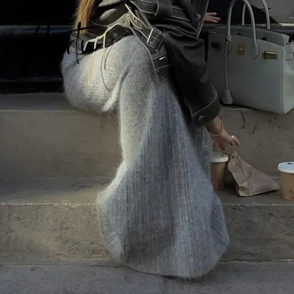 Autumn Winter Knit Skirt Fashion Street Style Low Rise Straight Long Skirts for Women y2k Harajuku Outfits Vintage Lady Aiertu