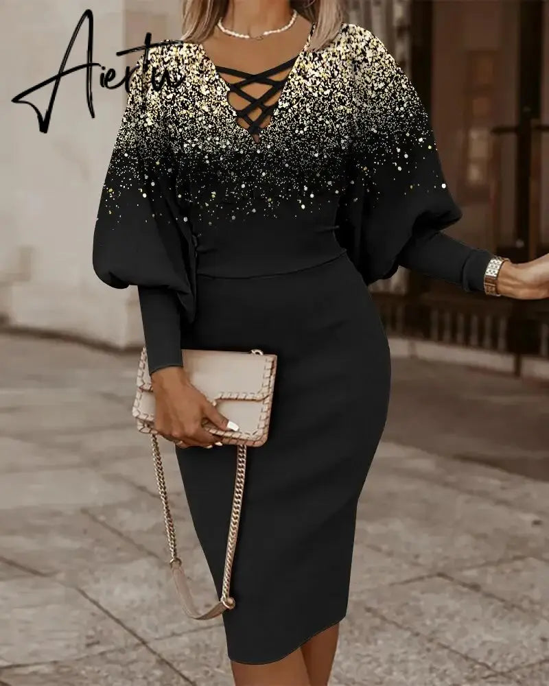 Autumn Winter Ladies Black Print Mid Dress Women Slim Beam Waist Long Sleeve Vestidos Elegant Sexy Hollow Women's Dress Aiertu