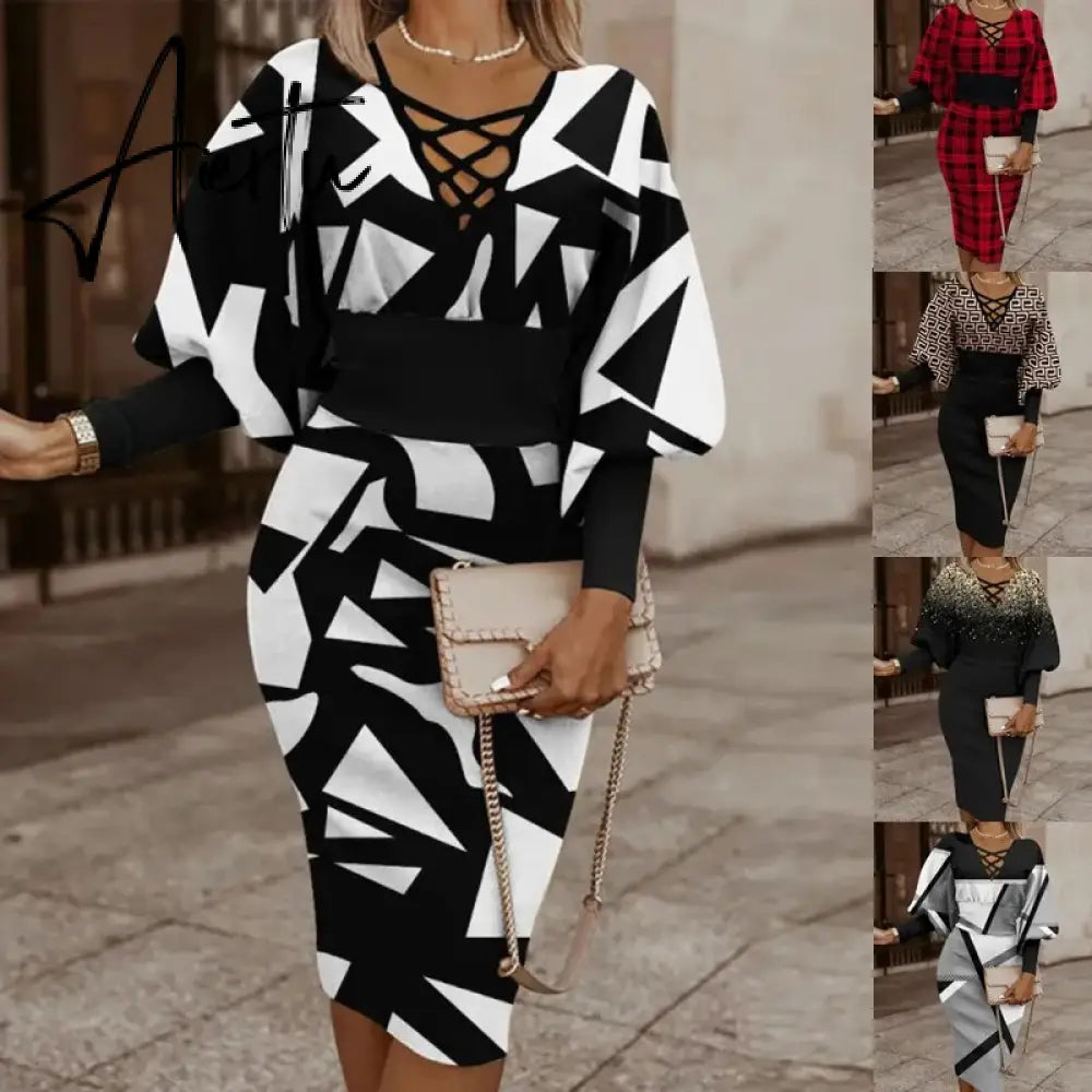 Autumn Winter Ladies Black Print Mid Dress Women Slim Beam Waist Long Sleeve Vestidos Elegant Sexy Hollow Women's Dress Aiertu