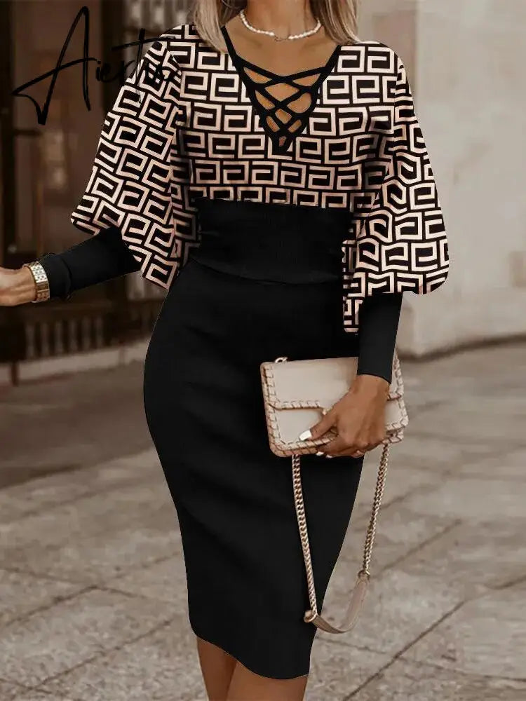 Autumn Winter Ladies Black Print Mid Dress Women Slim Beam Waist Long Sleeve Vestidos Elegant Sexy Hollow Women's Dress Aiertu