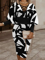 Autumn Winter Ladies Black Print Mid Dress Women Slim Beam Waist Long Sleeve Vestidos Elegant Sexy Hollow Women's Dress Aiertu