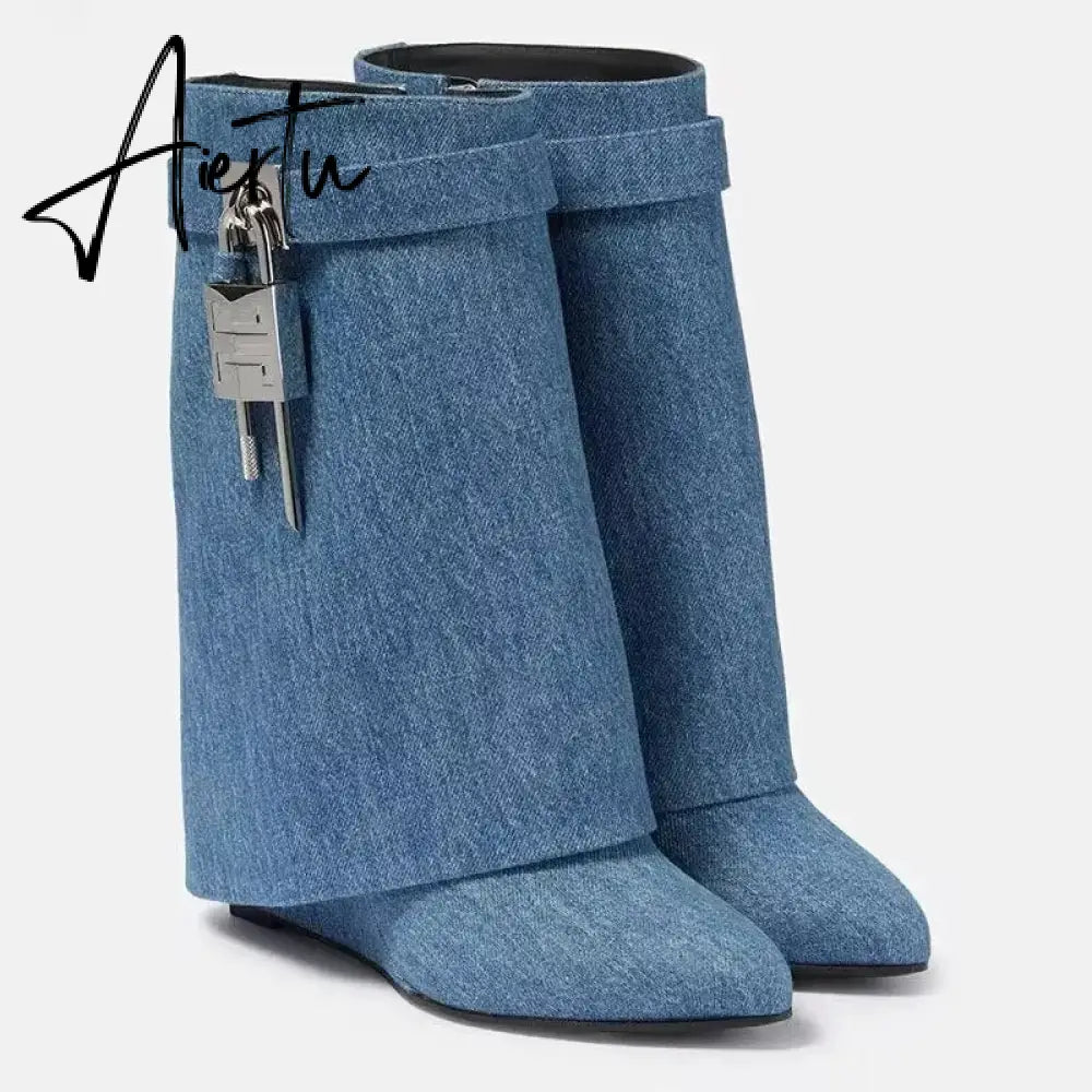 Autumn/Winter New Fashion Large Lock Waist Skirt Boots High Heel Leather Thick Bottom Side Zipper Women's Short Boots Aiertu