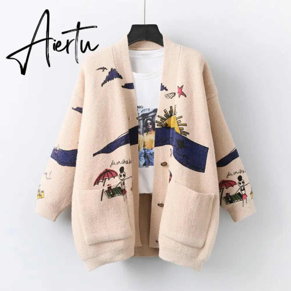Autumn Winter Women Cardigans Warm Knitted Sweater Jacket Pocket Embroidery Fashion Knit Cardigan Coat Lady Loose Sweaters tops Aiertu