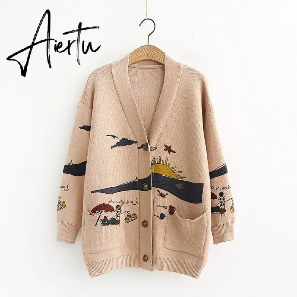 Autumn Winter Women Cardigans Warm Knitted Sweater Jacket Pocket Embroidery Fashion Knit Cardigan Coat Lady Loose Sweaters tops Aiertu