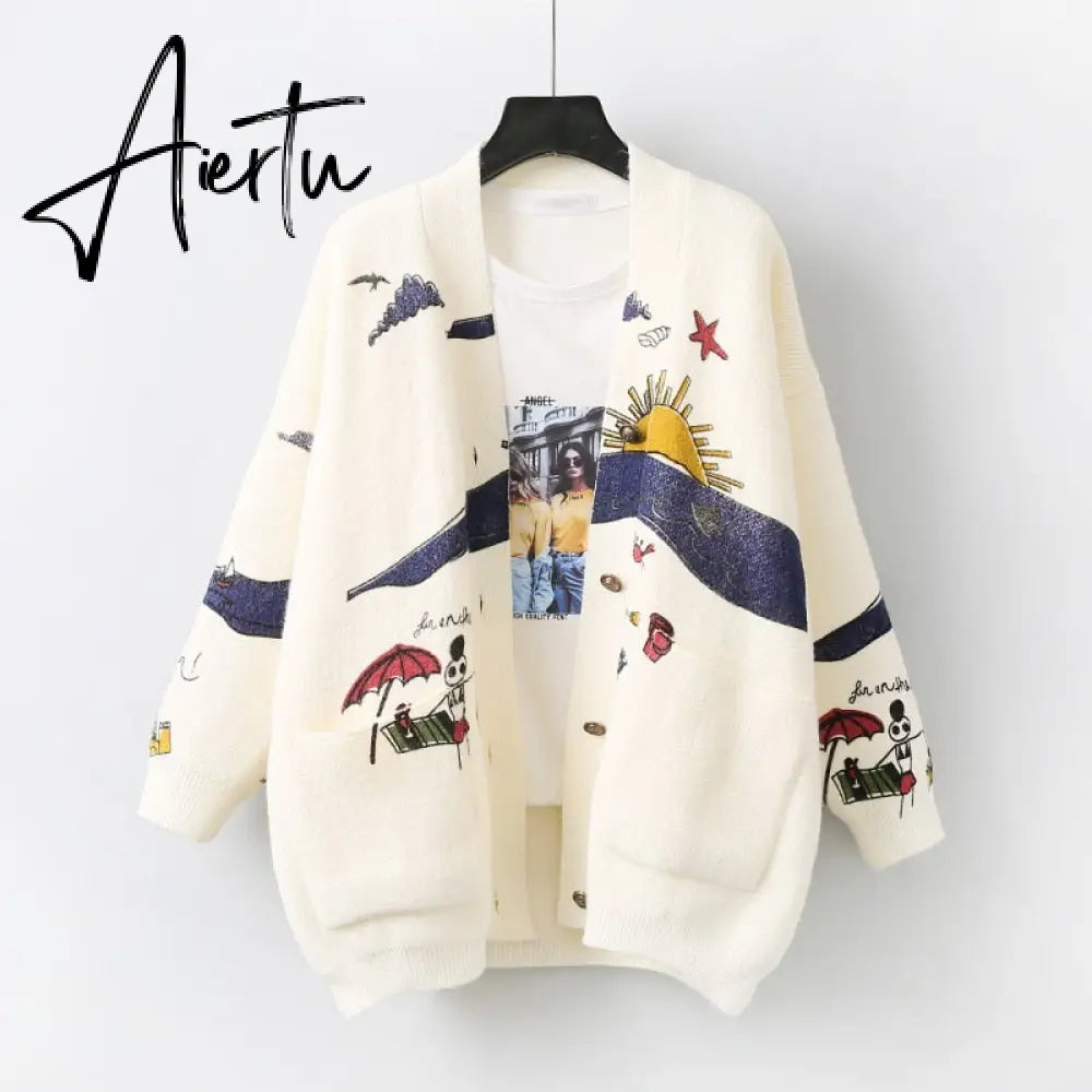 Autumn Winter Women Cardigans Warm Knitted Sweater Jacket Pocket Embroidery Fashion Knit Cardigan Coat Lady Loose Sweaters tops Aiertu