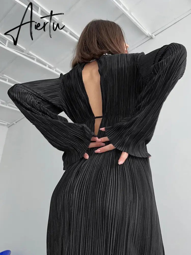 Autumn Winter Women Elegant Solid Red Maxi Pleated Dress Long Sleeve Hollow Out Slim Bodycon Evening Pencil Dress For Women Aiertu