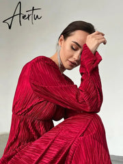 Autumn Winter Women Elegant Solid Red Maxi Pleated Dress Long Sleeve Hollow Out Slim Bodycon Evening Pencil Dress For Women Aiertu