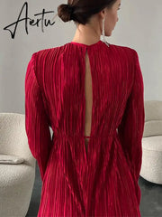 Autumn Winter Women Elegant Solid Red Maxi Pleated Dress Long Sleeve Hollow Out Slim Bodycon Evening Pencil Dress For Women Aiertu