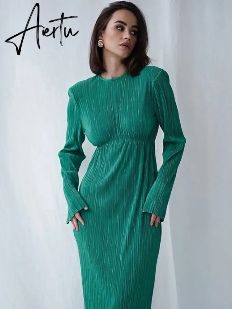 Autumn Winter Women Elegant Solid Red Maxi Pleated Dress Long Sleeve Hollow Out Slim Bodycon Evening Pencil Dress For Women Aiertu