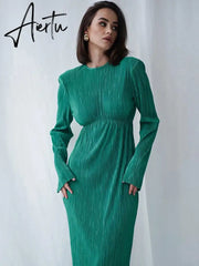 Autumn Winter Women Elegant Solid Red Maxi Pleated Dress Long Sleeve Hollow Out Slim Bodycon Evening Pencil Dress For Women Aiertu