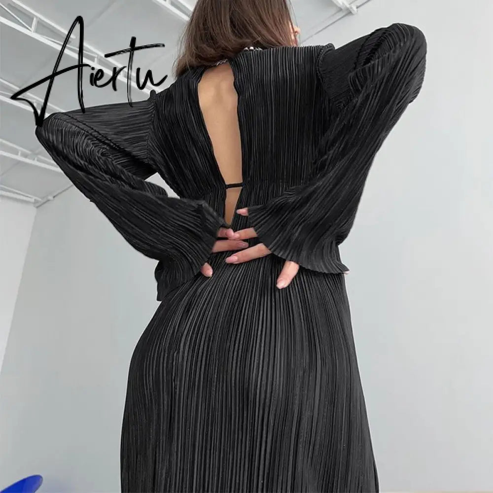Autumn Winter Women Elegant Solid Red Maxi Pleated Dress Long Sleeve Hollow Out Slim Bodycon Evening Pencil Dress For Women Aiertu