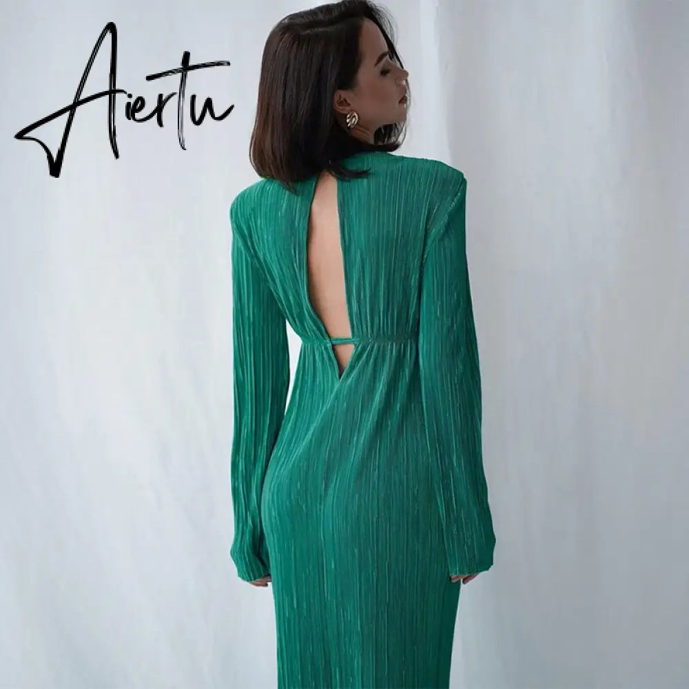 Autumn Winter Women Elegant Solid Red Maxi Pleated Dress Long Sleeve Hollow Out Slim Bodycon Evening Pencil Dress For Women Aiertu