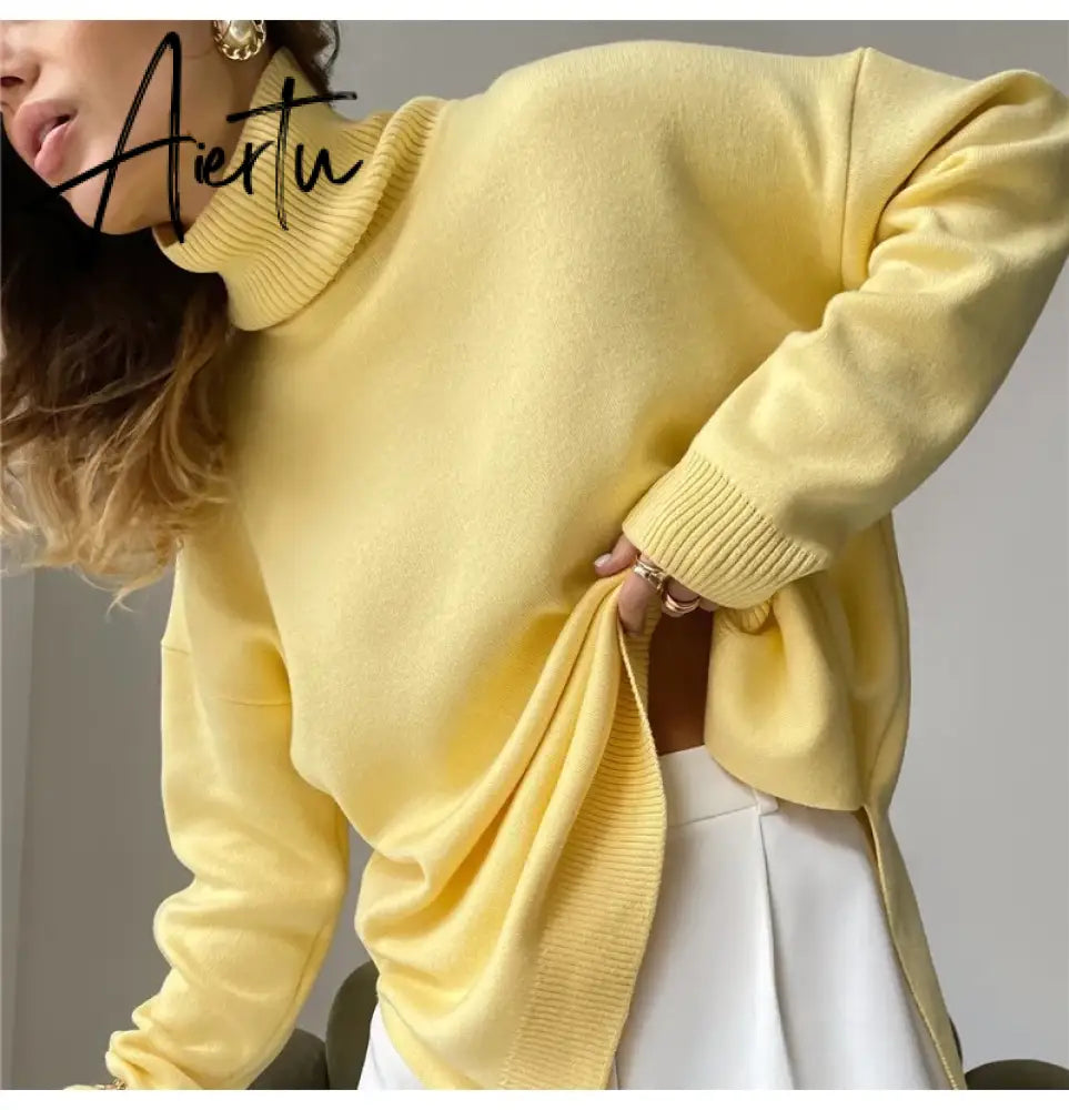 Autumn Winter Women's Sweaters Turtleneck Women Pulovers Side Split Knitted Jumpers Christmas Sweater Oversize Pull For Women Aiertu