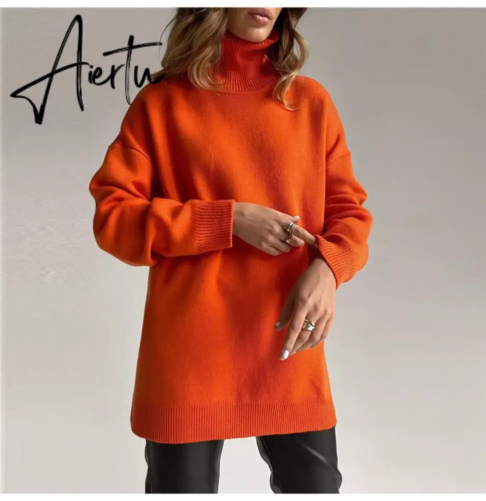 Autumn Winter Women's Sweaters Turtleneck Women Pulovers Side Split Knitted Jumpers Christmas Sweater Oversize Pull For Women Aiertu